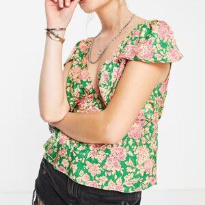 TOPSHOP Vintage Style Flutter Cap Sleeve Floral Jacquard Satin Top